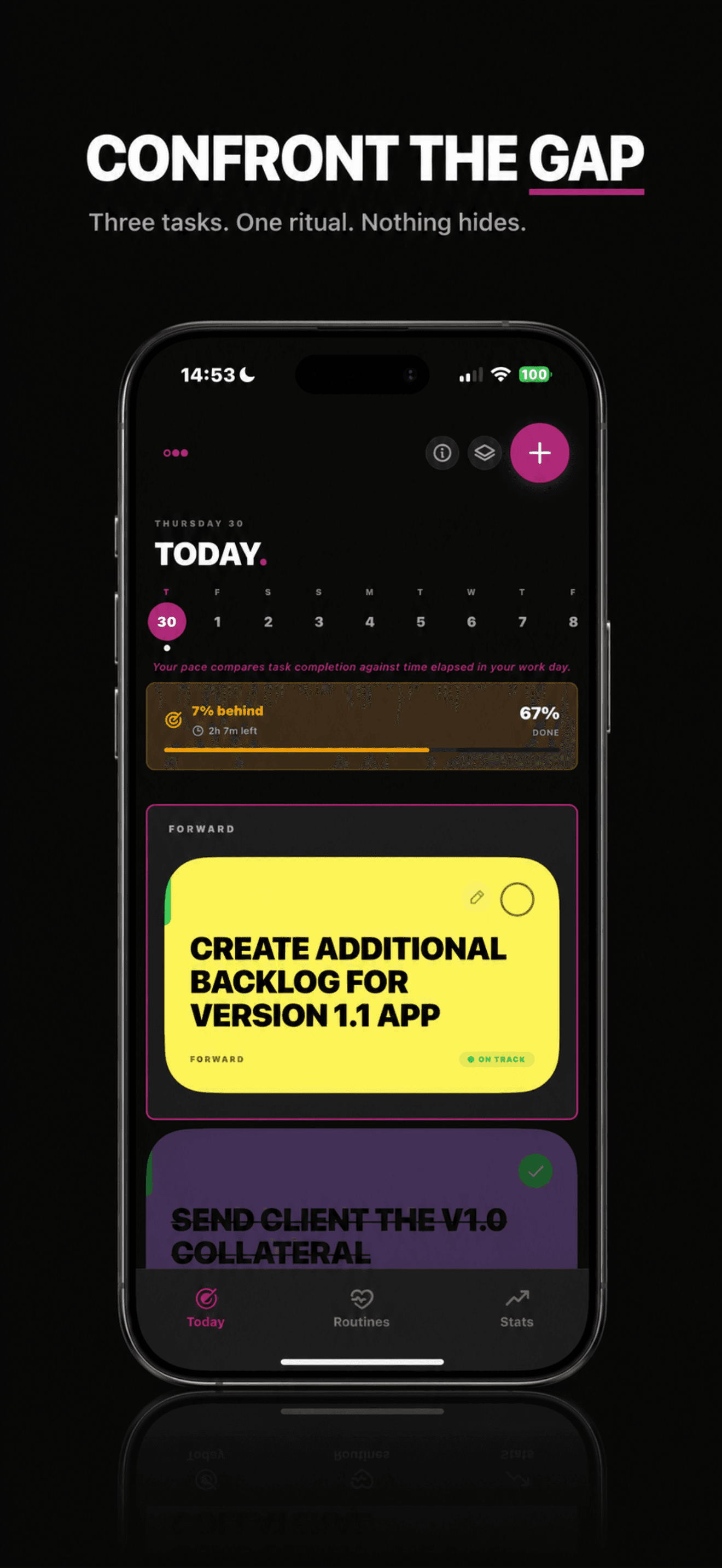 OnPace Today screen with pace bar and forward task cards