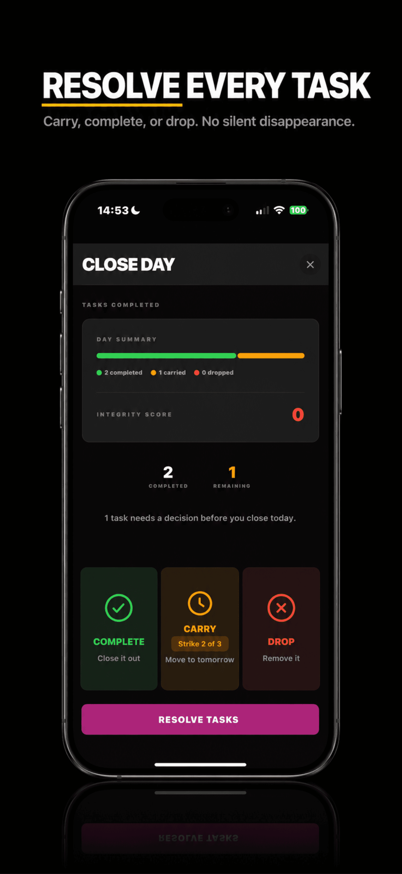 OnPace Close Day screen with day summary, integrity score, and complete / carry / drop choices
