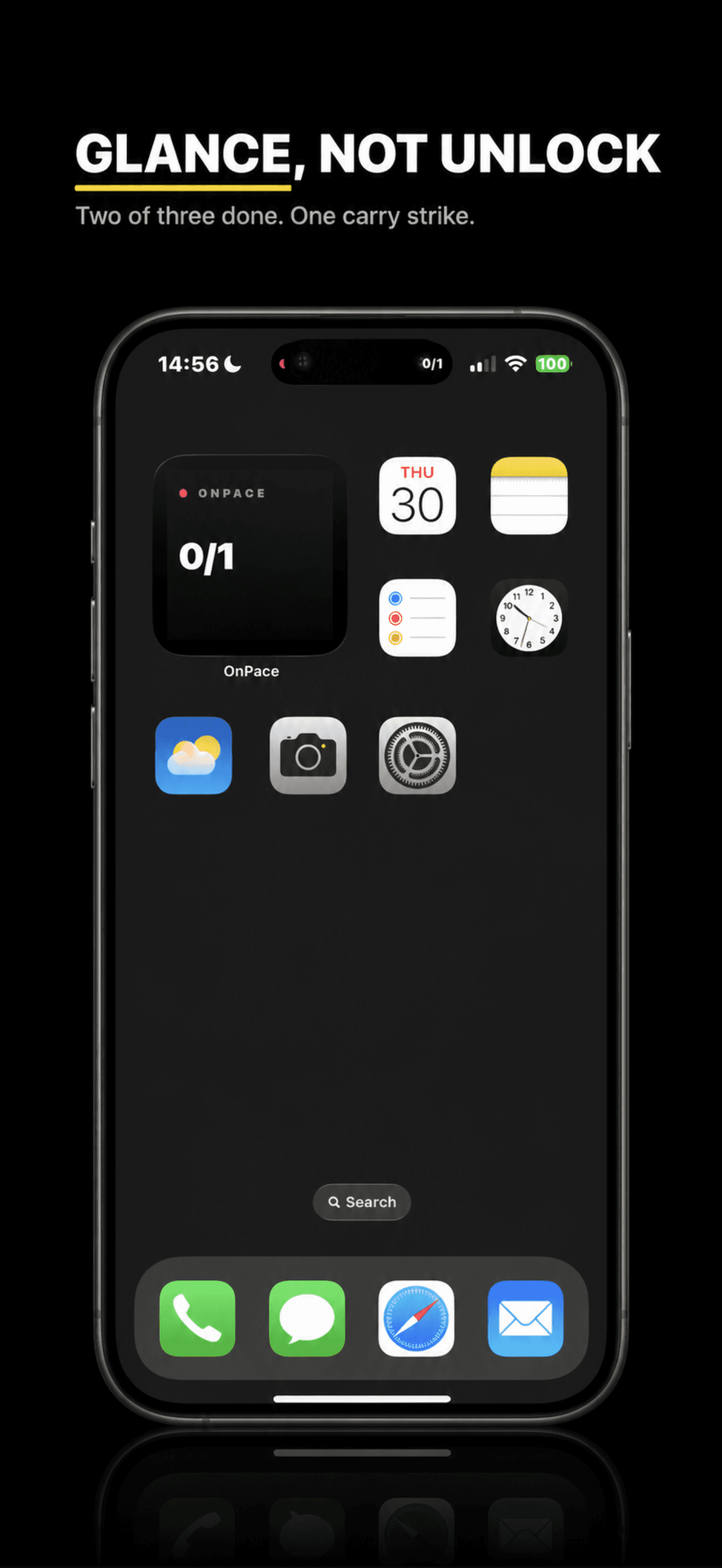 OnPace home-screen widget showing 0/1 tasks done