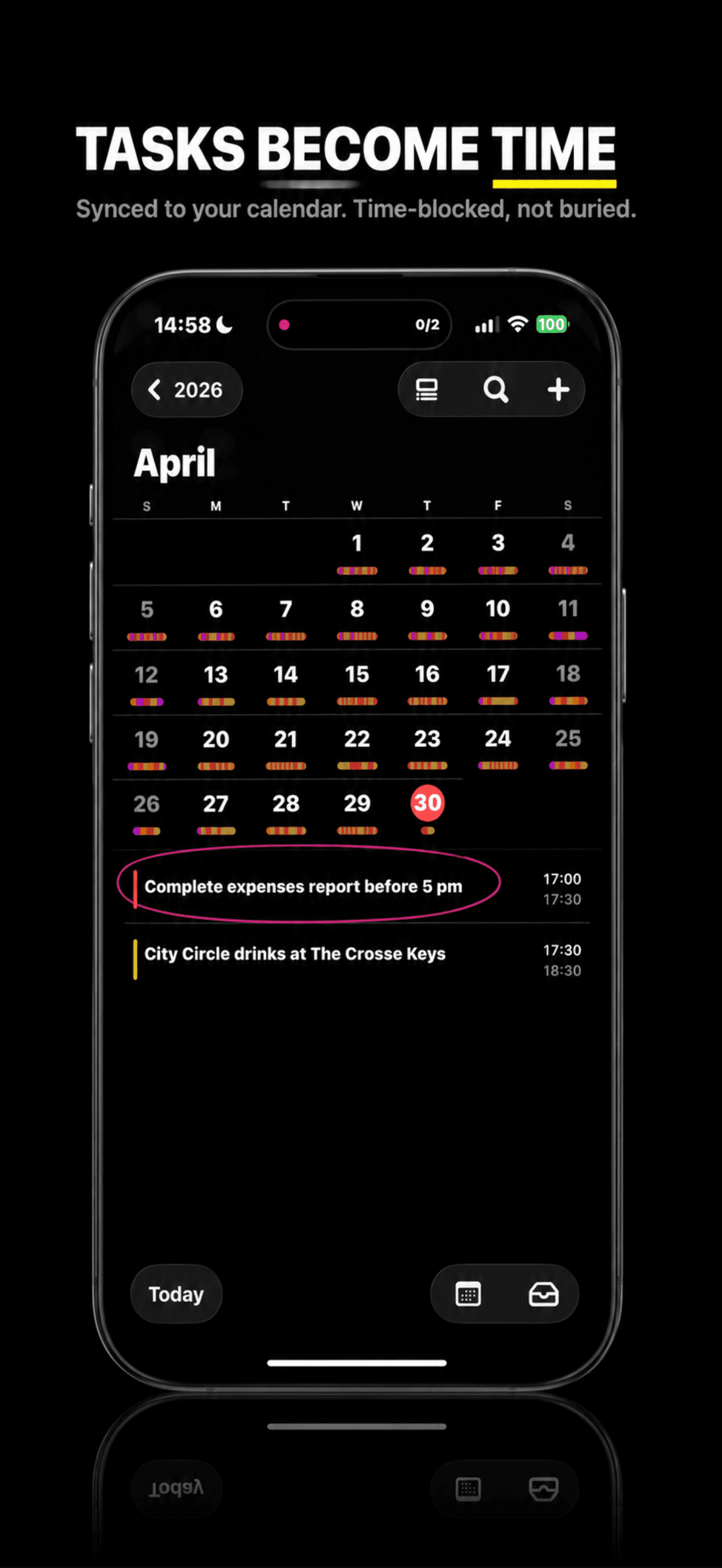 OnPace calendar view with task 'Complete expenses report before 5 pm' scheduled at 17:00